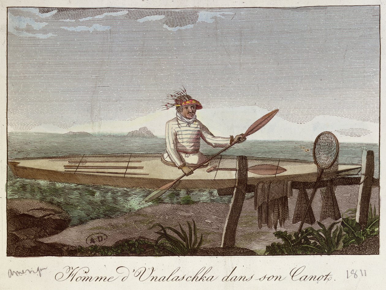 En indbygger på Unalaska Island i sin kano, 1811 af French School