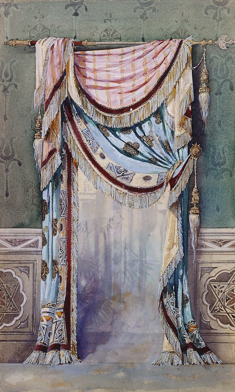 Et interiør med et gardindesign, ca. 1880 af French School