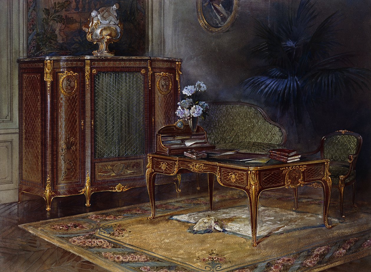 Et interiør med en Louis XV Style Ormolu-monteret og Parket Bureau Plat og Bibliotheque 43,4 cm., af French School