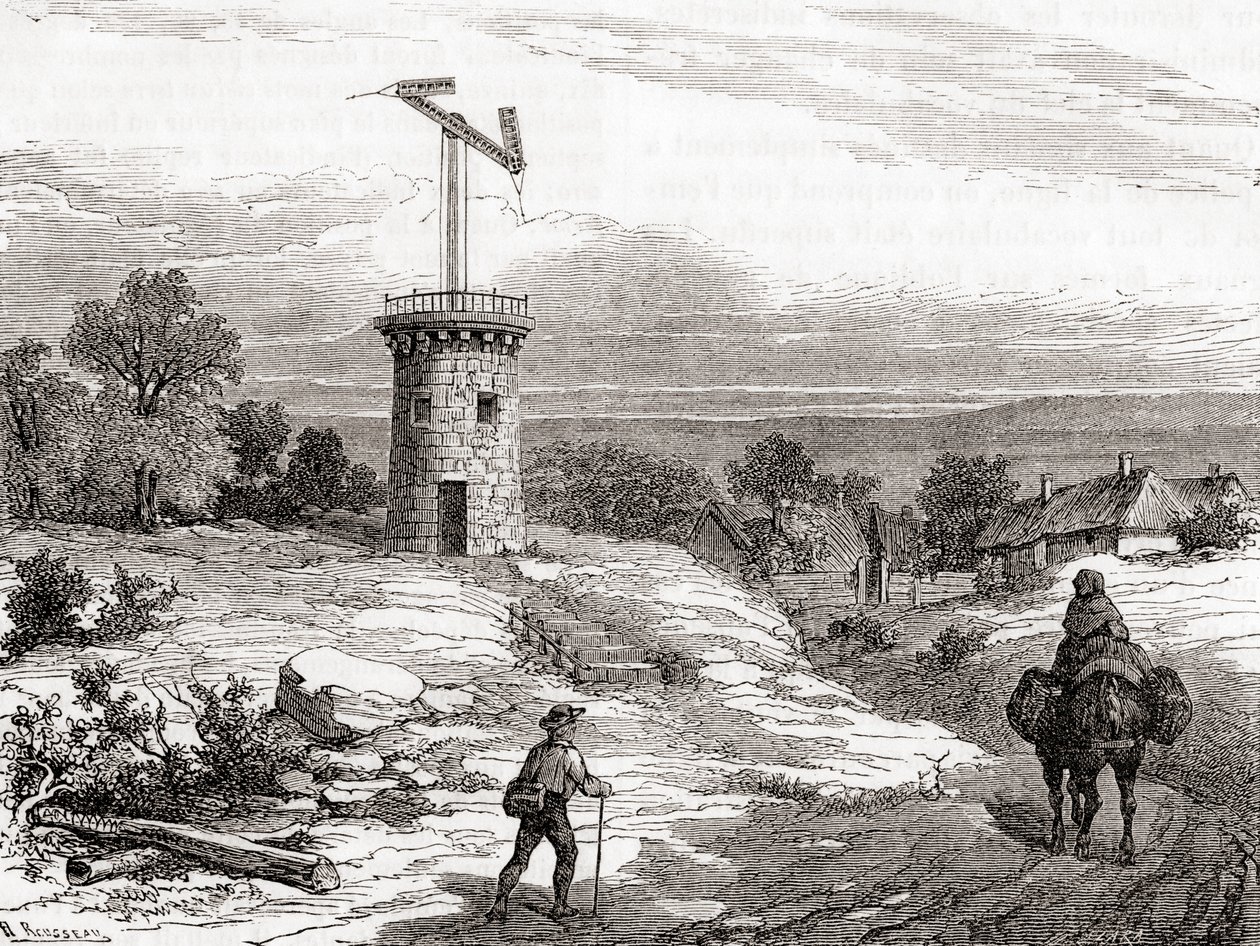 En lufttelegrafpost i det 18. århundrede, fra Les Merveilles de la Science, udgivet ca. 1870 (gravering) af French School
