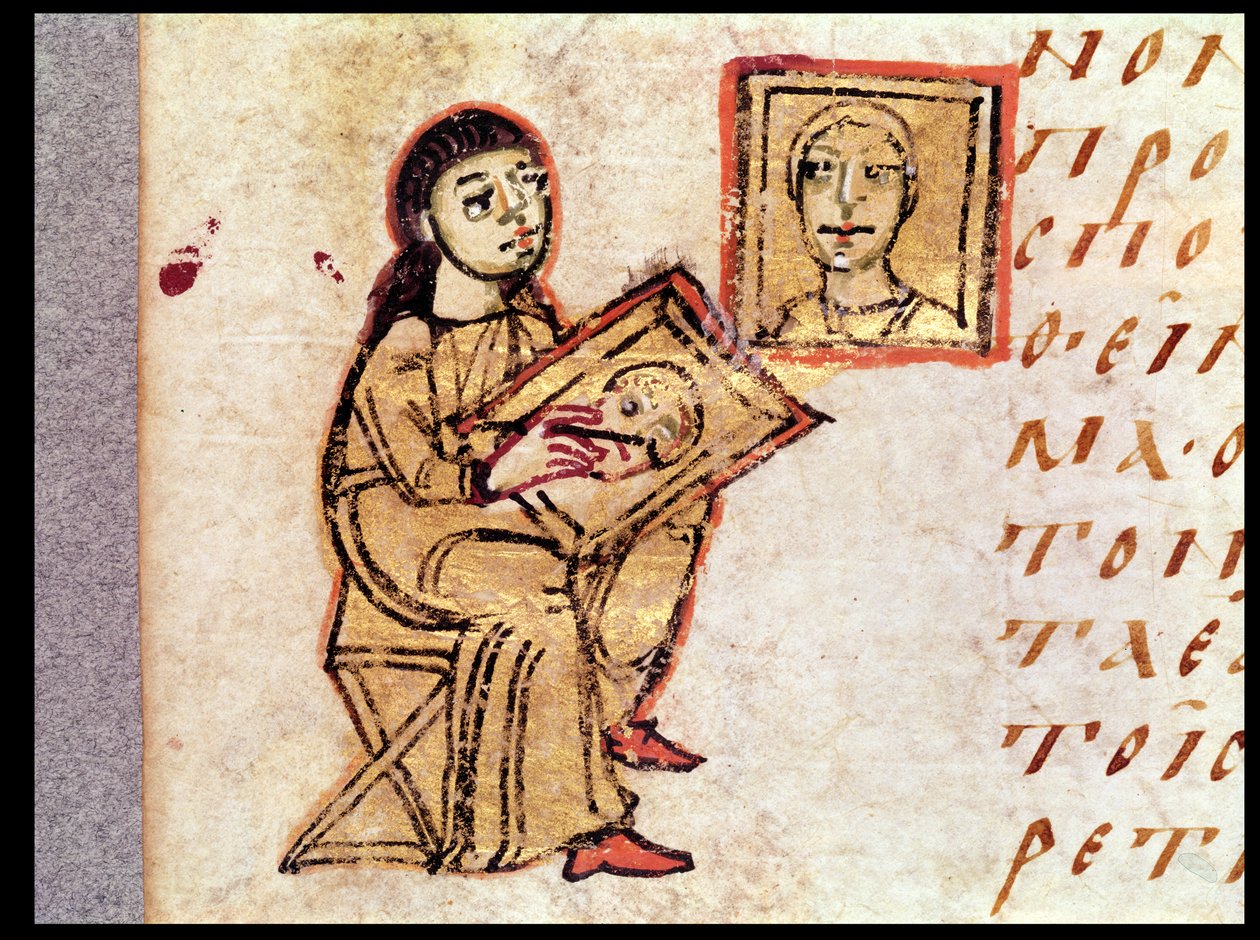 En kunstner, der kopierer et maleri fra Sacra Parallela af St. John Damascene (d.c.754) af French School