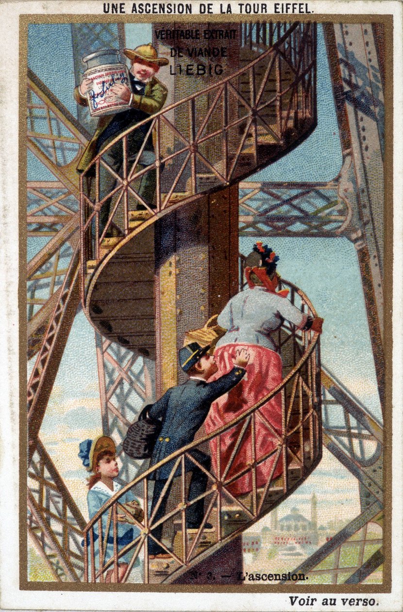 En bestigning af Eiffeltårnet: ved trappen - chromo. Liébig, deb. 20. århundrede af French School