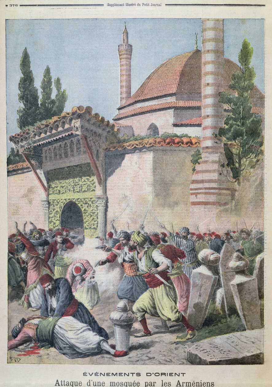 Et angreb på en moske af armeniere, illustration fra Le Petit Journal 1895 af French School