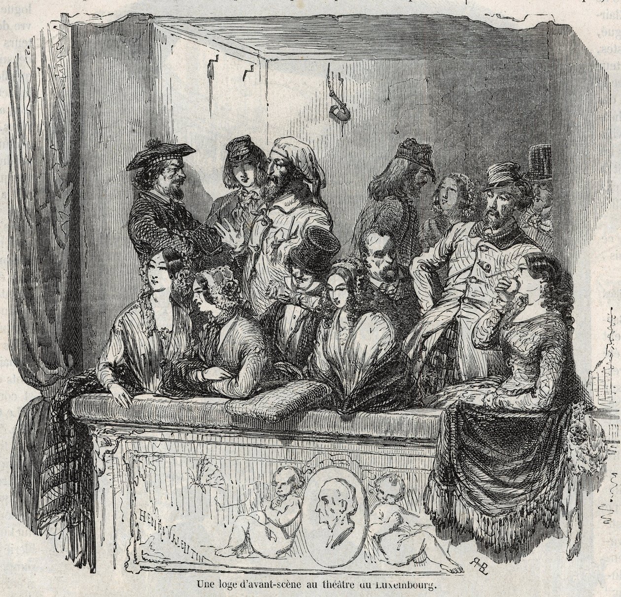 En avant-scene lodge ved Luxembourg teater i Paris i det 19. århundrede Gravering i "" Tableau-de-Paris"" af Edmond Texier 1852 af French School