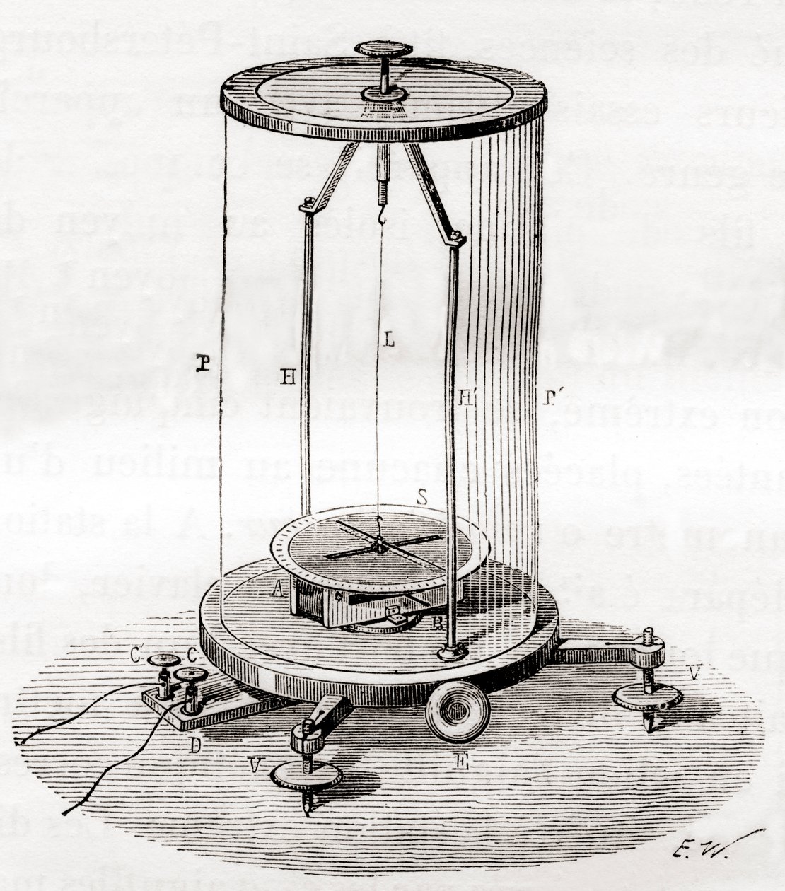 Et tidligt galvanometer, en type amperemeter, et måleinstrument, der bruges til at måle den elektriske strøm i et kredsløb, fra Les Merveilles de la Science, udgivet ca. 1870 (gravering) af French School