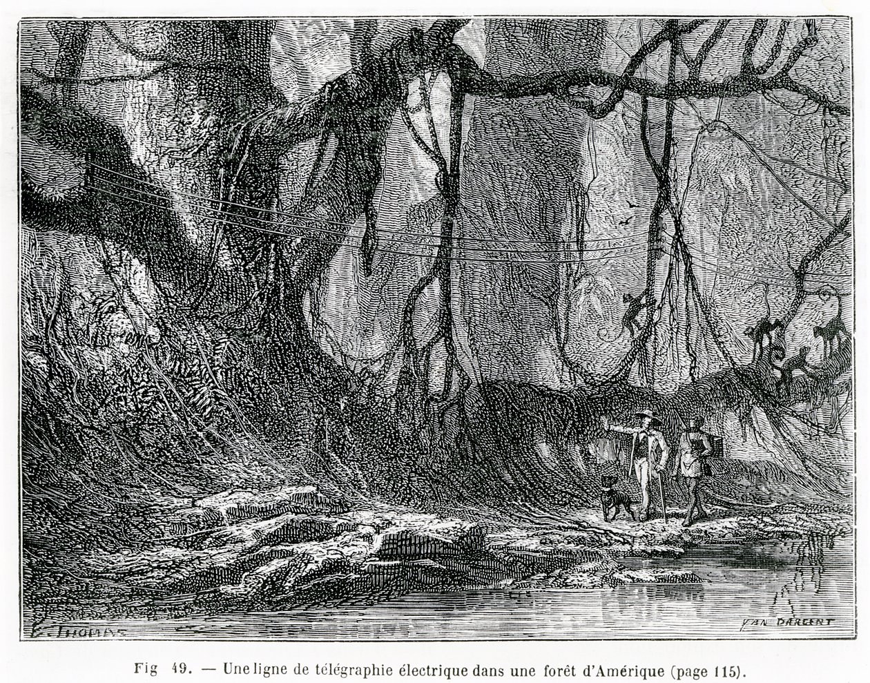 En elektrisk telegraflinje i en amerikansk skov, ca. 1870 (gravering) af French School