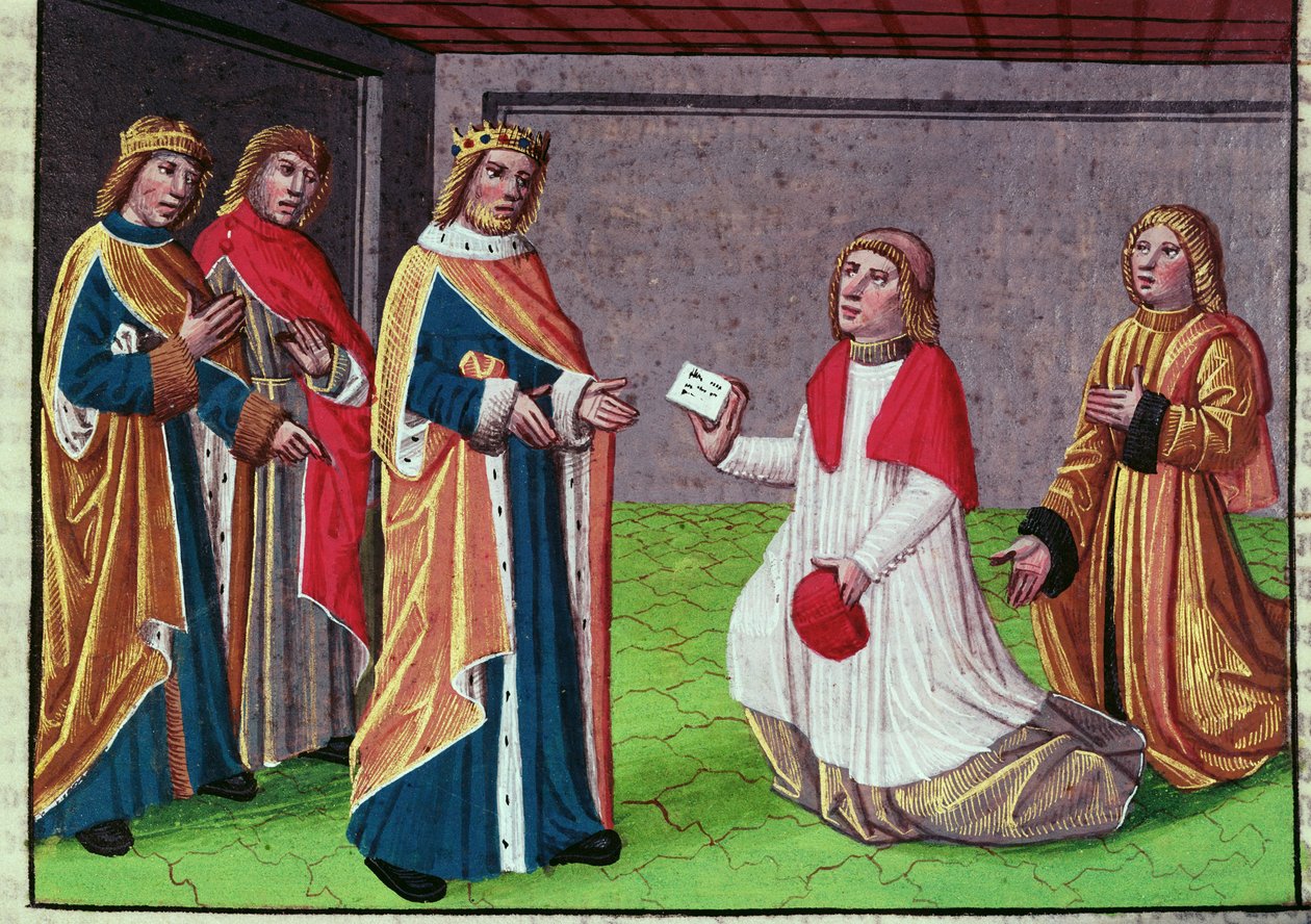 En udsending fra pave Adrian I, der bønfalder Karl den Store om at forsvare Rom mod den langobardiske konge Desiderio, miniature fra 
