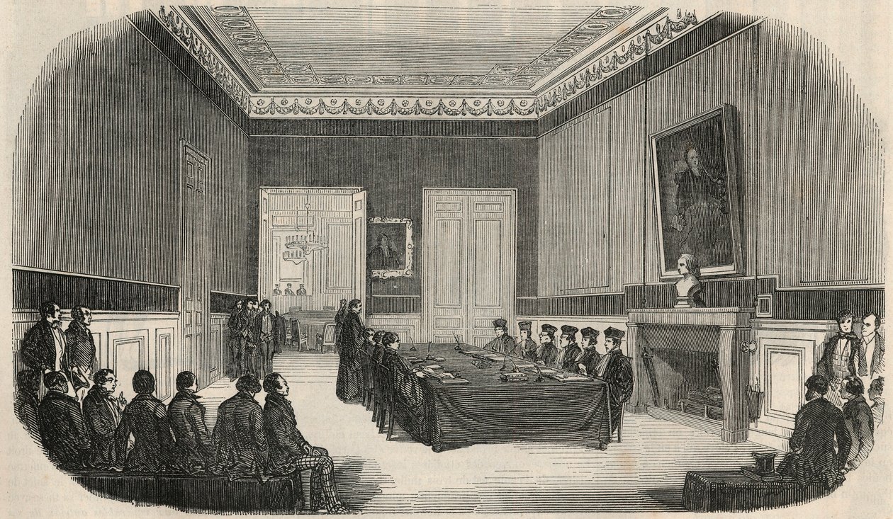 En eksamen i bestyrelseslokalet på School of Law i Paris - Indgravering i "" Tableau-de-Paris"" af Edmond Texier 1852 af French School