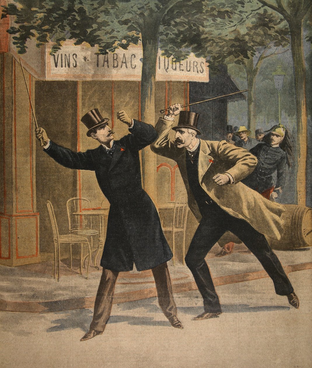En hændelse mellem Esterhazy og Picquart, illustration fra Le Petit Journal: Supplement illustre, 17. juli 1898 af French School