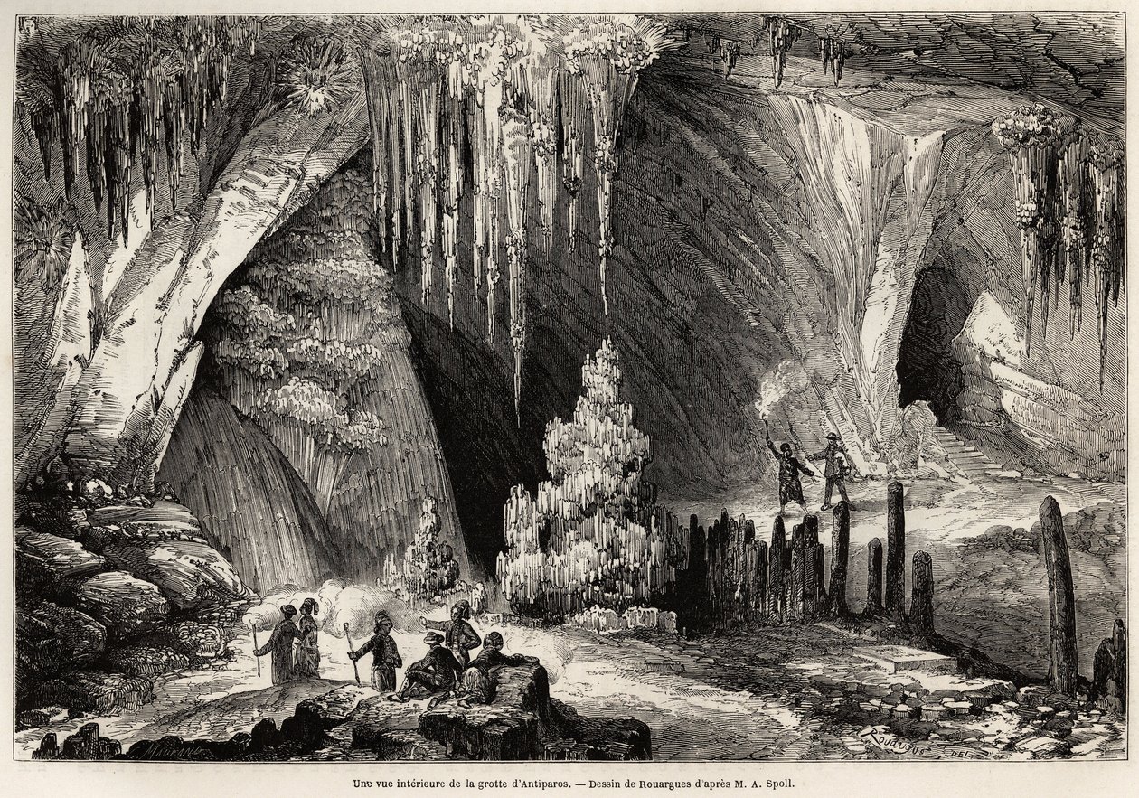 Et indre billede af grotten i Antiparos, øen Kykladerne, tegning af Emile Rouargue (ca. 1895-1865) til illustration af E.A.Spolls besøg i grotten i Antiparos i 1859. Stik i "Le tour du monde" 1861. Selvas samling. af French School