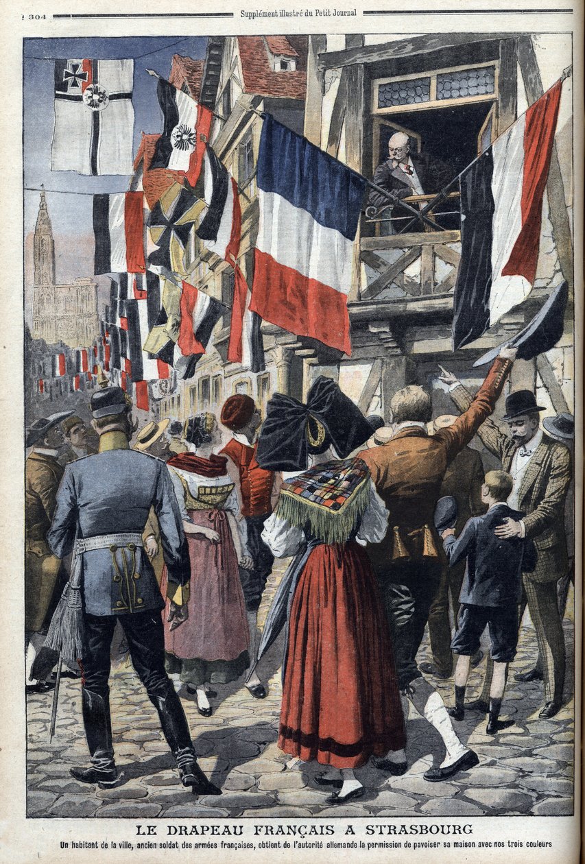 En gammel fransk soldat i det tyskbesatte Strasbourg har tilladelse til at vise det franske flag - "Le Petit Journal" 20. september 1908 (gravering) af French School