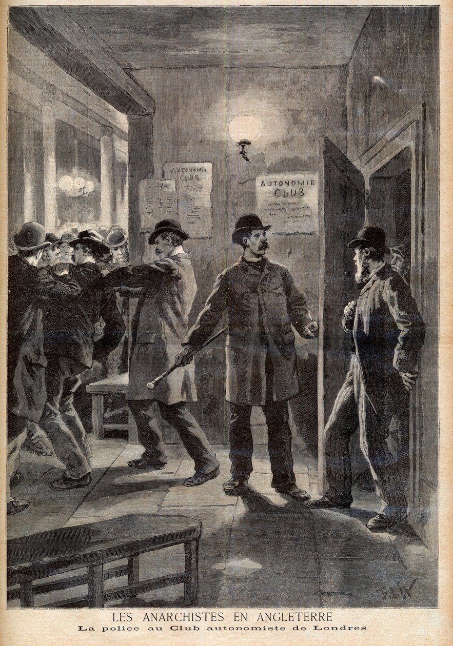 Anarkister i England. Politiet slår til mod Autonomy Club i London. Anarkister i England. Politiet i London Autonomist Club. Illustration til Le petit Journal, 5. marts 1894 af French School