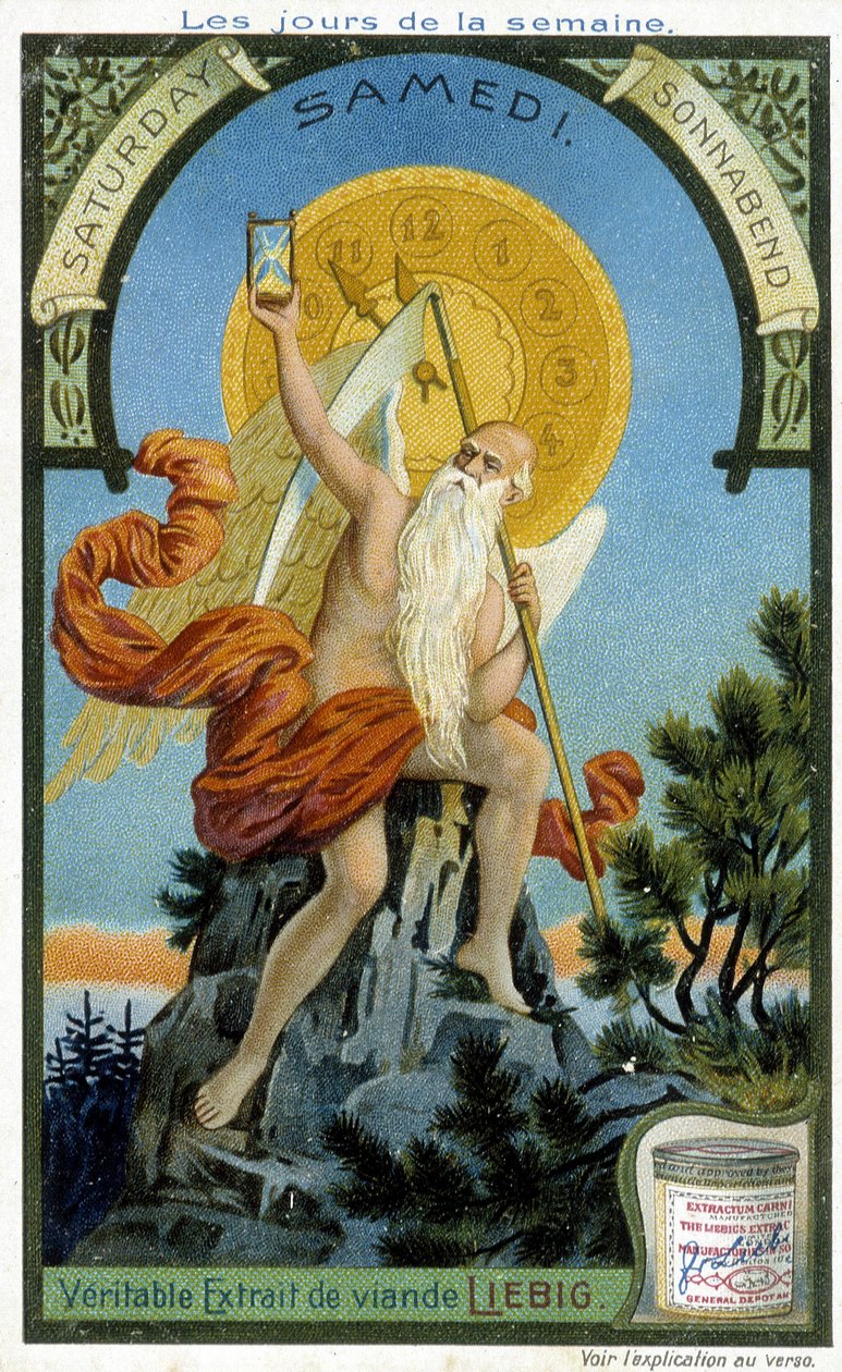 Oldtidens guddommelighed holder et timeglas som et symbol på tiden, der går for at illustrere lørdag. Liebig kromolitografisk reklamekort. af French School