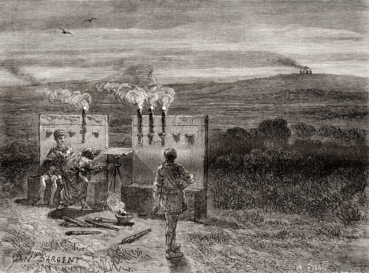 Den gamle græske historiker Polybius arbejder på Polybius Square eller skakbrættet, et system han opfandt som hjælp til telegrafi ved hjælp af fakkelsæt, fra Les Merveilles de la Science, udgivet ca. 1870 (gravering) af French School
