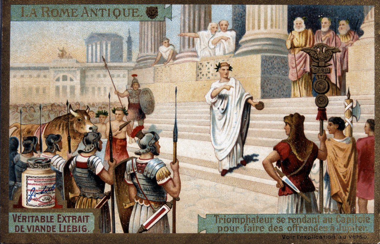 Det antikke Rom: Triumfator til Capitol for at ofre til Jupiter - Chromolithography Liébig, v.1900 af French School