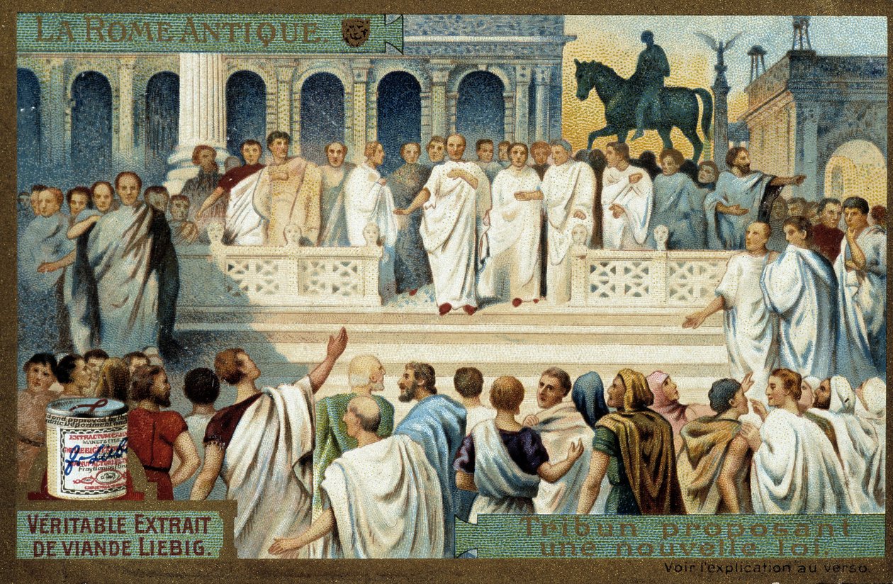Det antikke Rom: Tribunen foreslår en ny lov - Liebig Chromolithography, v.1900 af French School