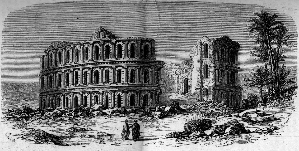 Gammel arkitektur: romersk amfiteater (3. århundrede) i El Djem (El Jem), Tunesien af French School