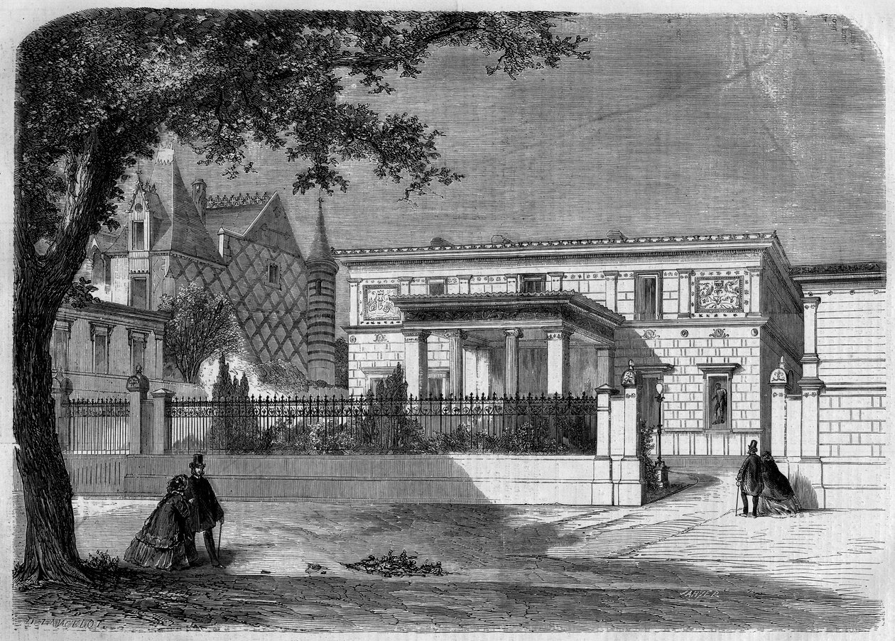 Gammel arkitektur: udsigt over facaden af "Prins Napoleons" (1822-1891) pompeianske hus bygget af arkitekt Alfred Normand. Paris, rue Montaigne af French School