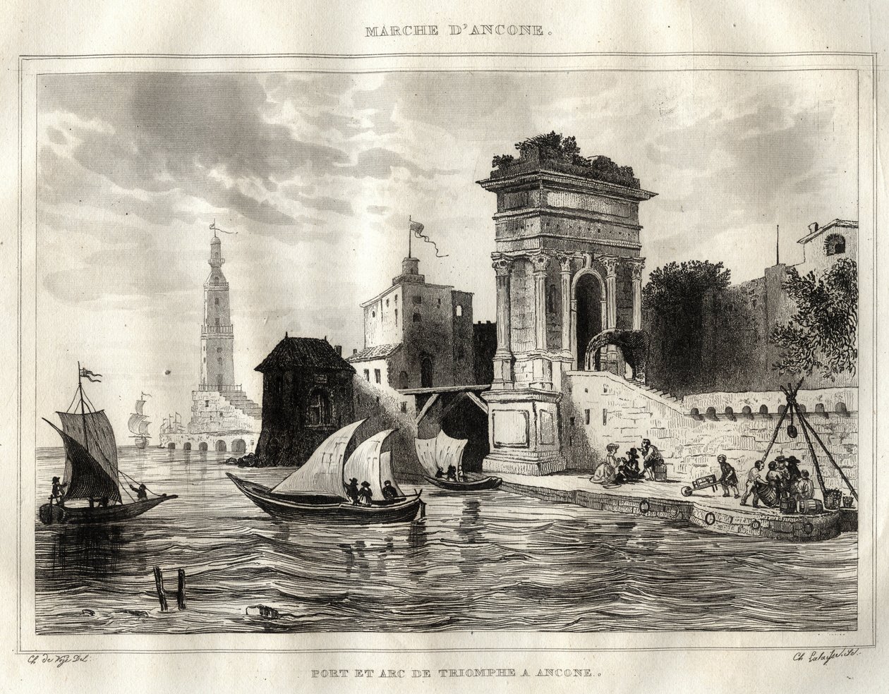 Ancona - Ancona - Italien - Trajans bue, gammelt romersk værk tilskrevet Apollodoro - Buen er placeret i Ancona - Indgravering fra "" Italy Picturesque"" - Historisk og beskrivende maleri af Italien" af M. de Norvins, Ch. Nodier 1834-1836. af French School