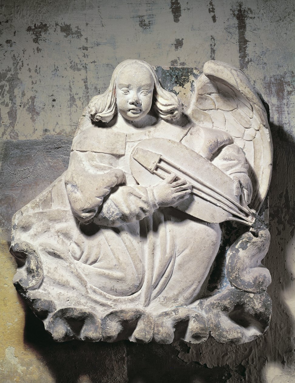 Englemusiker spiller et strengeinstrument (basrelief) af French School