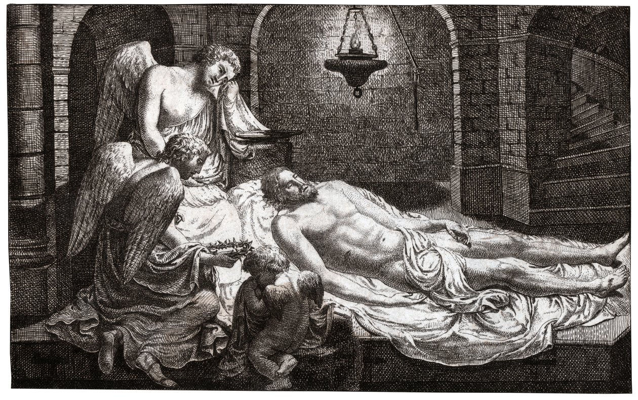 Engle omkring Jesus. (gravering af French School