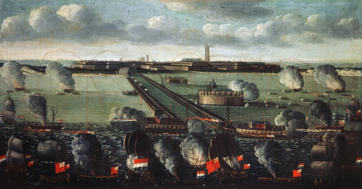 Anglo-hollandsk flåde bombarderede Dunkerque i 1695 af French School