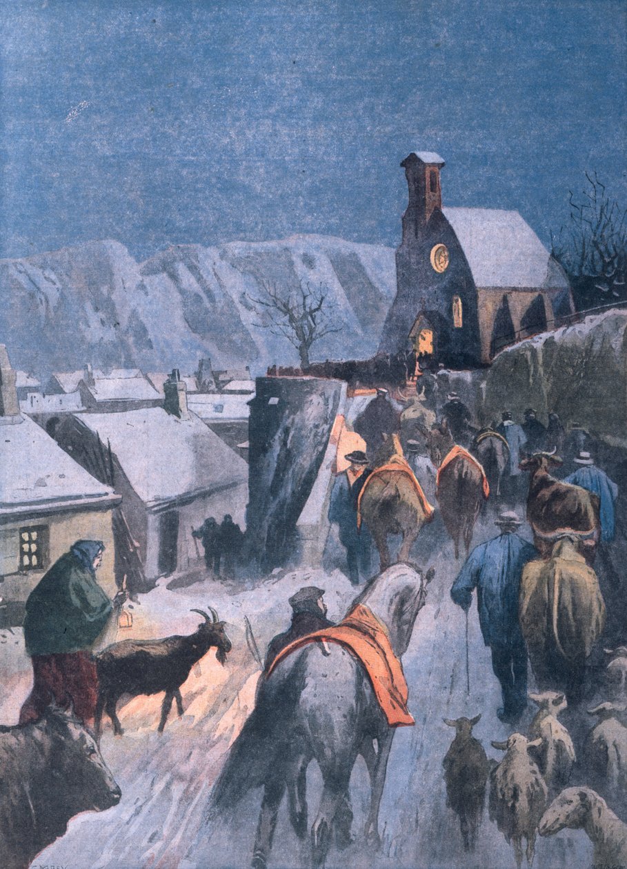 Animal Christmas in the Cevennes, illustration fra Le Petit Parisien, 27. december 1908 af French School