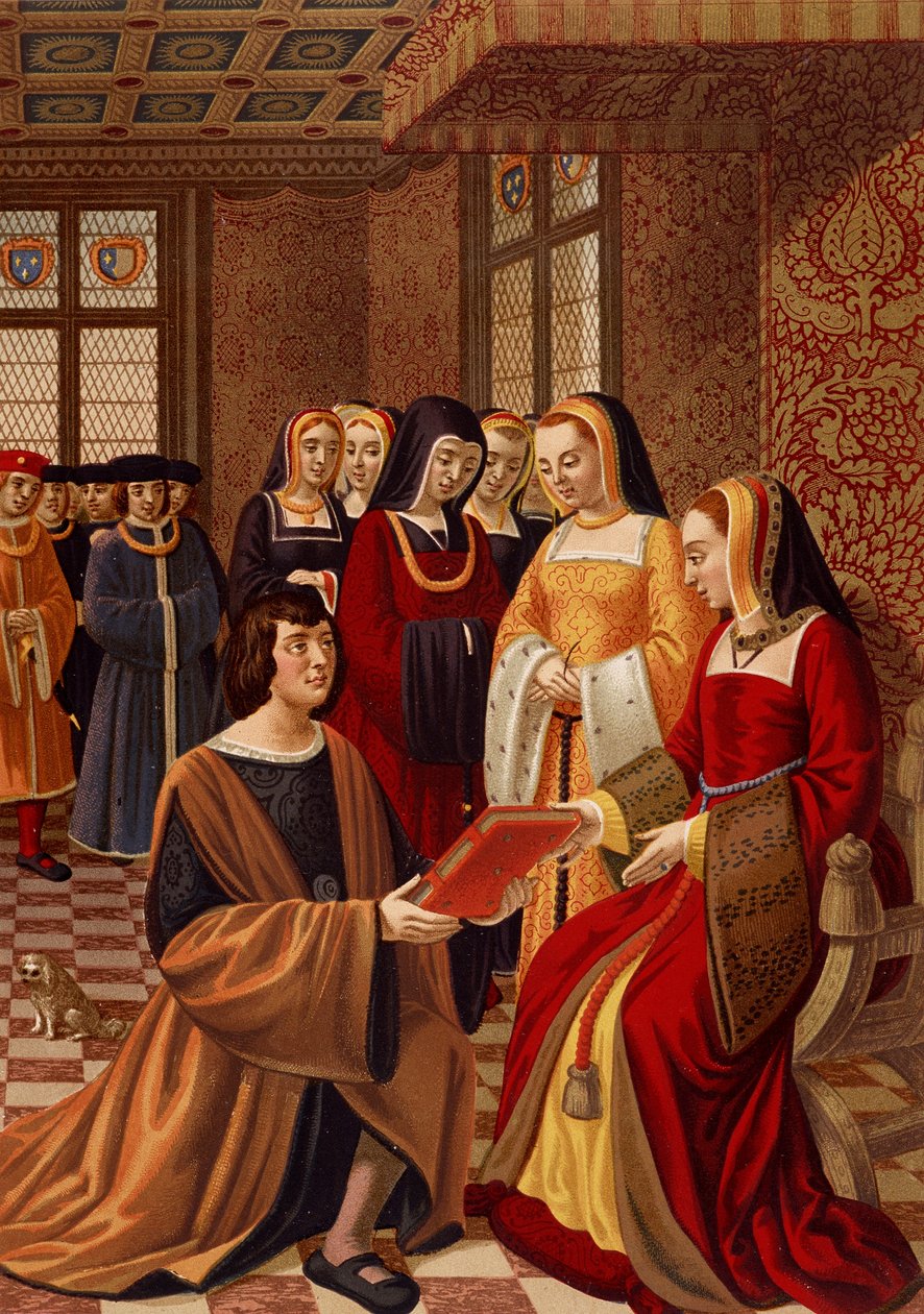 Anne af Bretagne (1477-1514) omgivet af sine æresdamer. Kromolitografi efter en miniature fra det 16. århundrede. Library of Arts Deco, Paris af French School