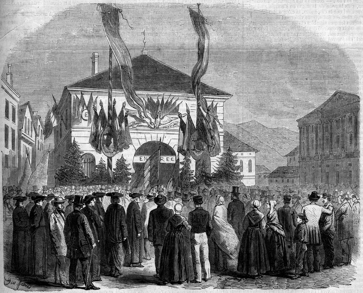 Anneksering af Savoie til Frankrig, Chambery, 22. april 1860: befolkningens afstemning om Savoies tilknytning til Frankrig. Indgravering i "" Le Monde Illustré"" nr. 160 af 5. maj 1860. af French School