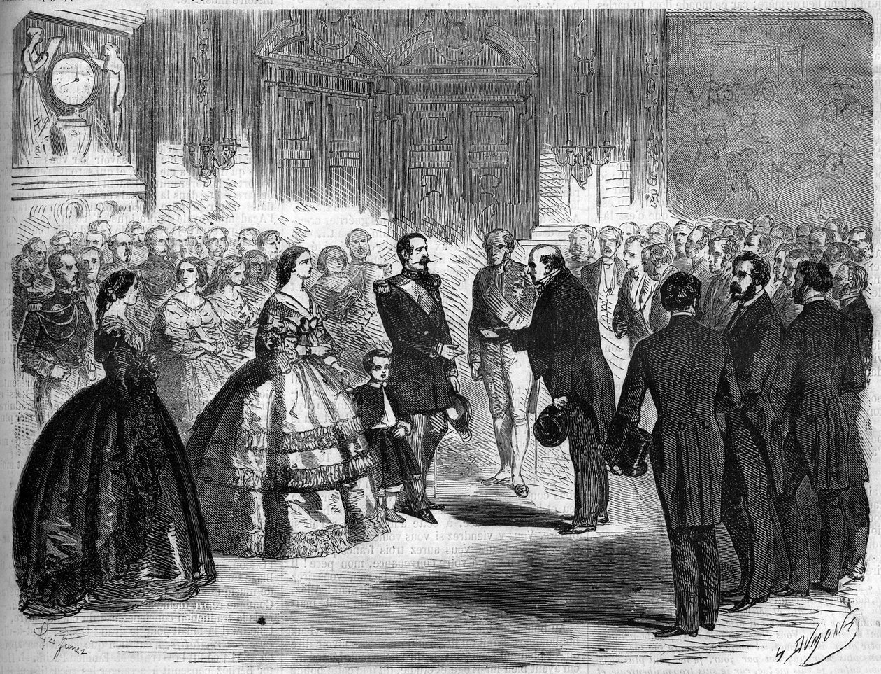 Anneksering af Savoyen til Frankrig, Paris, 22. marts 1860: Modtagelse af Amedee Greyfie de Bellecombe (1811-1879) og af deputationen af Savoyen af kejser Napoleon III (1808-1873) og imponer Eugenie de Montijo (1826-1920) kl. Tuilerier. Indgravering i "" L af French School