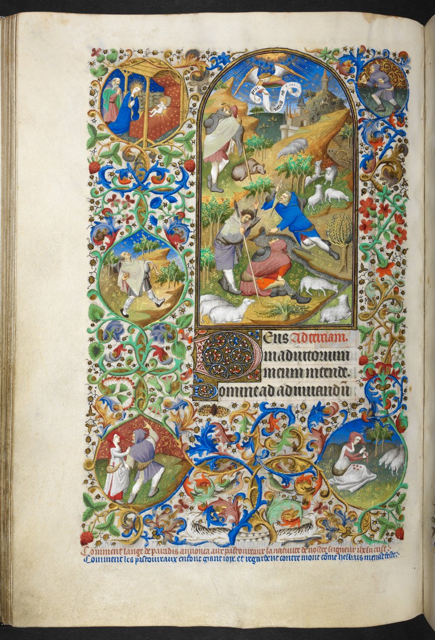 Ilmoitus paimenille, lisää Ms 18850 f.70v Book of Hours (The Bedford Hours) n. 1410-30 (mustetta, väriä ja kultaa perunakalvolla) af French School