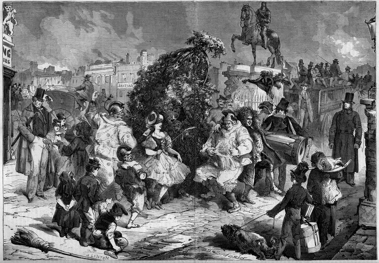 Årlig fest med små skorstene i Londons, Englands gader, maj 1860. Under dansen, der fejrer forårets ankomst, laver et barn en quete med tilskuerne; Indgravering i "Le Monde Illustré"" nr. 160 af 12. maj 1860. af French School