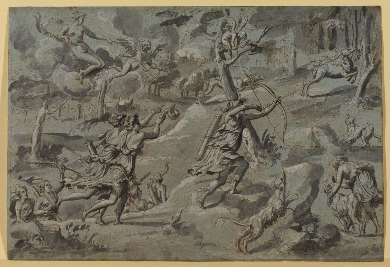 Anonym efter Mesteren af ​​Dianas Tapestry, Diane, på jagt med sine ledsagere, målrettet af Amour bueskytte, ca. 1590-1600, grå vask af French School