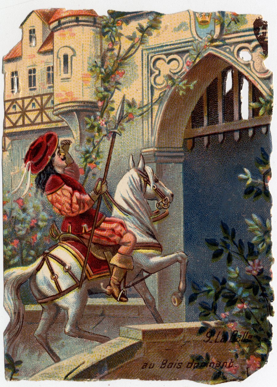 Anonym illustration til "La belle au bois dormant", fortælling af Charles Perrault (1628-1703), fransk forfatter: "Efter hundrede år nåede prinsen slottets port..."" Kromolitografi. af French School