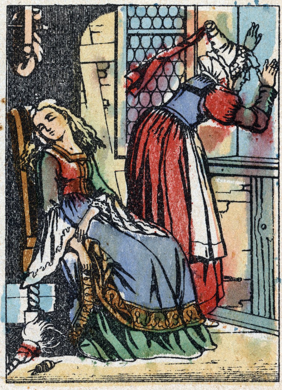 Anonym illustration til "La belle au bois dormant", fortælling af Charles Perrault (1628-1703), fransk forfatter. Træstik af Imaging Pellerin - Epinal, sd. Slutningen af det 19. århundrede. af French School