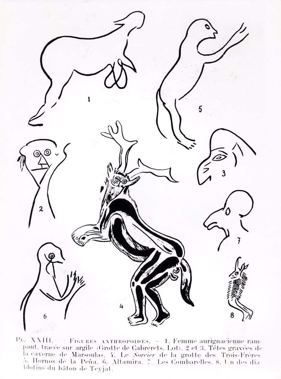 Antropoide figurer i forhistoriske huler, fra Les Artistes Prehistoriques af Morin-Jean, 1933 af French School