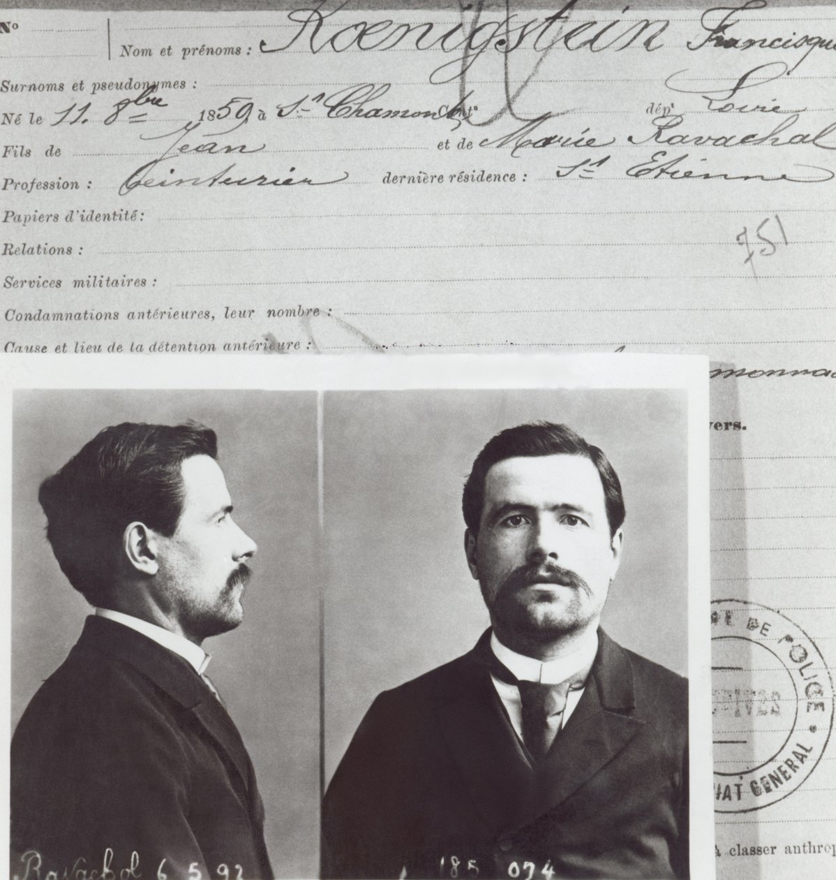 Antropometrisk form af Francois Claudius Koenigstein, såkaldt Ravachol (1859-92), af French School