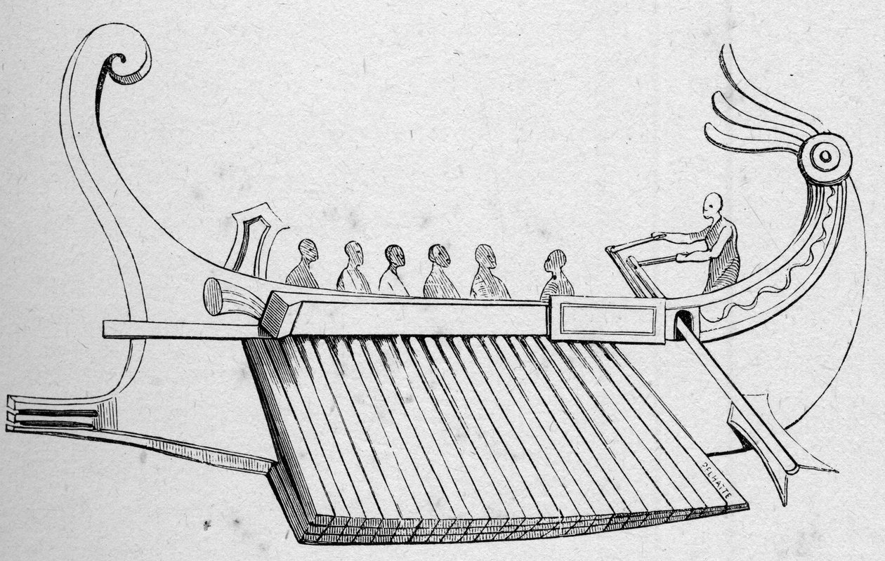 Antique Galere har tre rækker åre. Gravering i "La Marine et les kolonier: handel" af French School