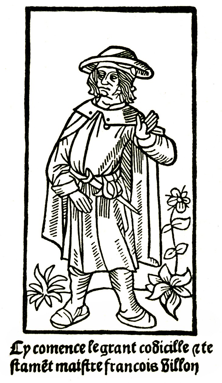 Apokryfisk portræt af digteren Francois Villon i "Det Store Testamente" - "Cy comence le grant codicille & testamet maistre Francois Villon"" (her begynder den store codicille et testament) udgave P Levet 1489 (træsnit) af French School