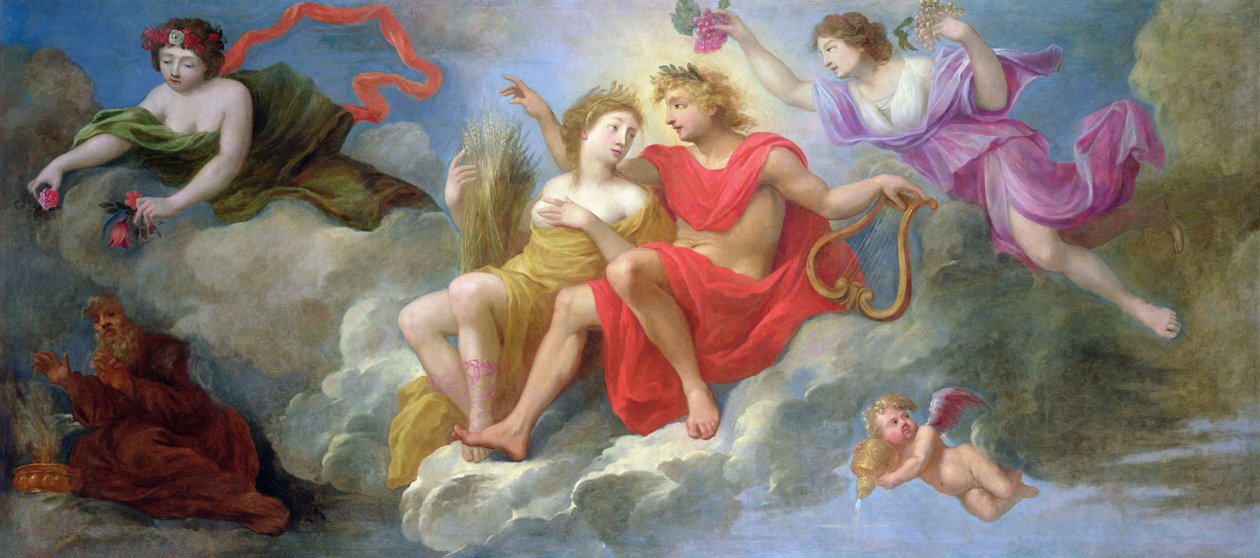 Apollo og årstiderne, fra loftet på Hotel Colbert de Villacerf, ca. 1650 af French School