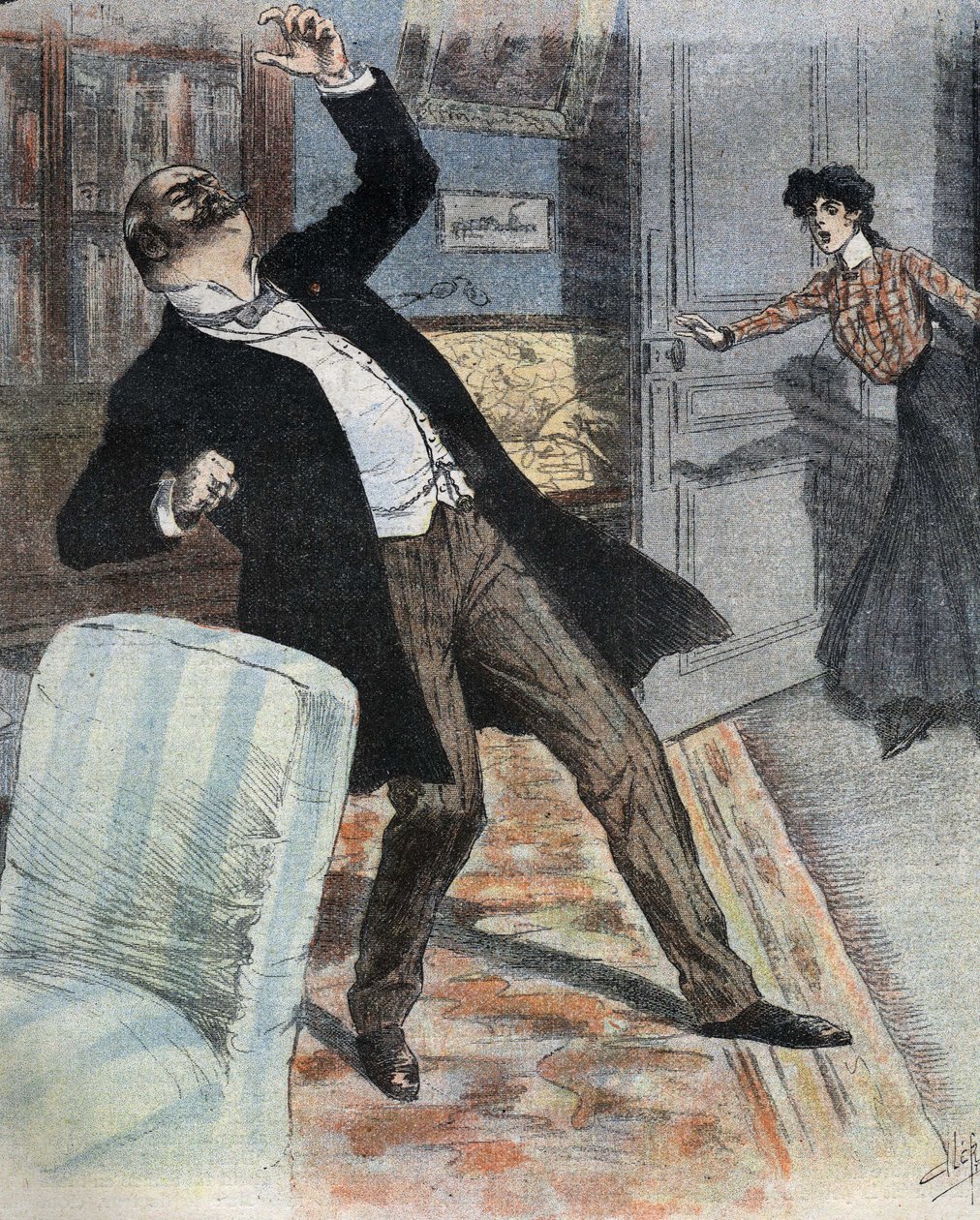 Apopleksianfald (pludselig ophør af hjerneaktivitet på grund af et uheld med blodcirkulationen i hjernen). Illustration af slutningen af det 19. århundrede til romanen "" gogosse"" af Max Villemer. af French School
