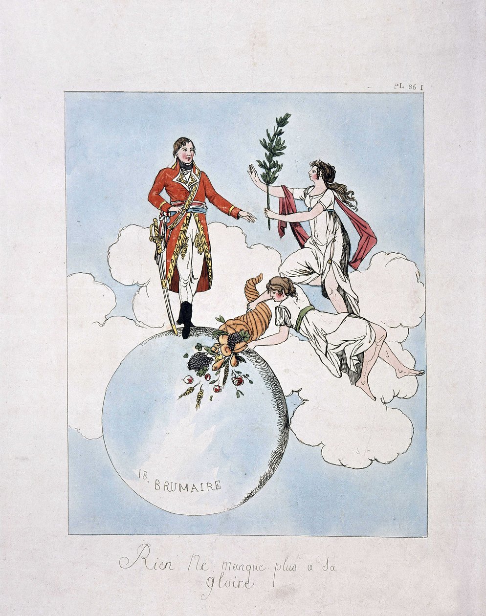 Apotheose af Napoleon-Bonaparte under statskuppet den 18. brumaire år VIII (9.11.1799). (nymfer, der præsenterer ham laurbær og overflodshorn) af French School