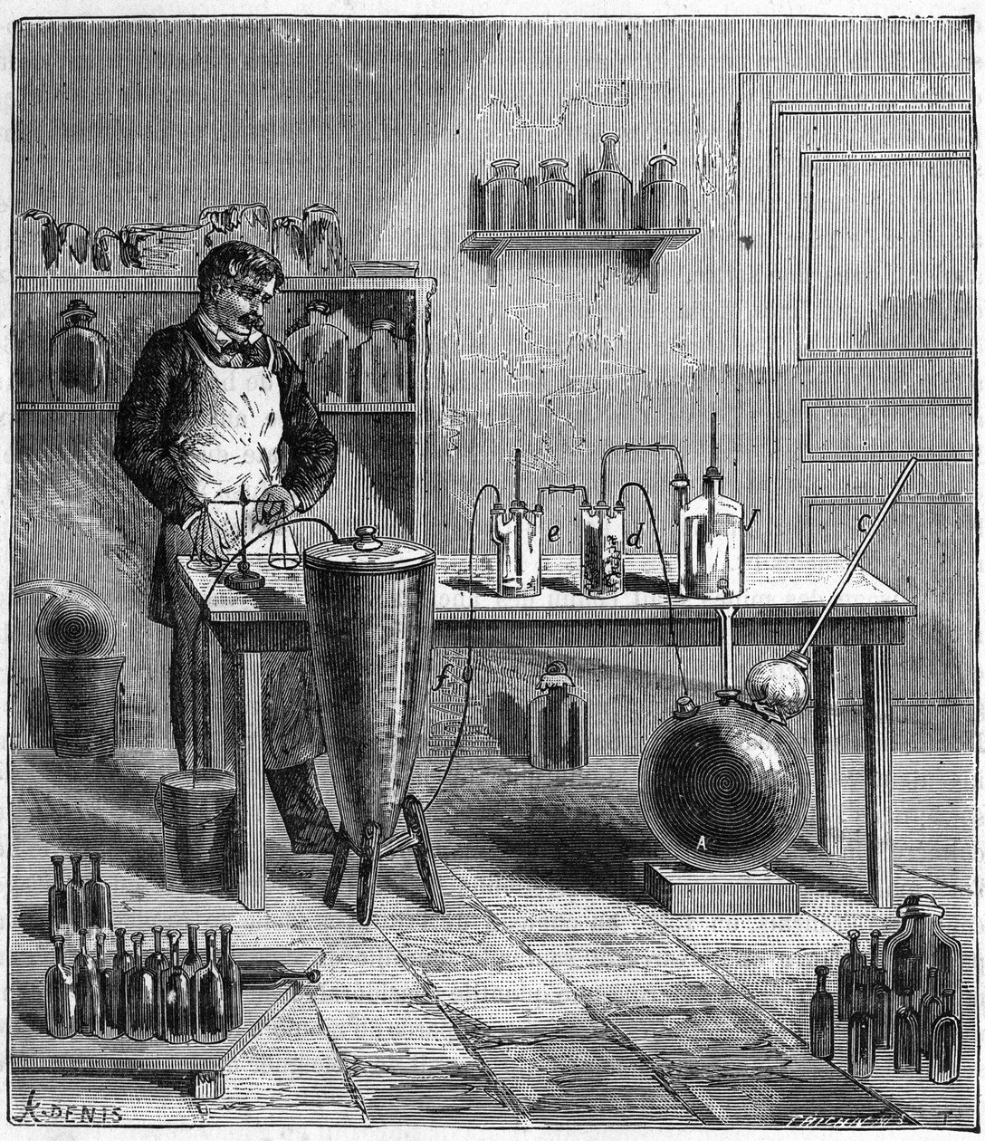 Apparat af Eugene SOUBEIRAN (1797-1858) til fremstilling af bagepulver - Indgravering i "" Videnskaber bragt til alles nåde - Populær fysik og kemi"" af Alexis Clerc - Slutningen af det 19. århundrede - Privat samling af French School