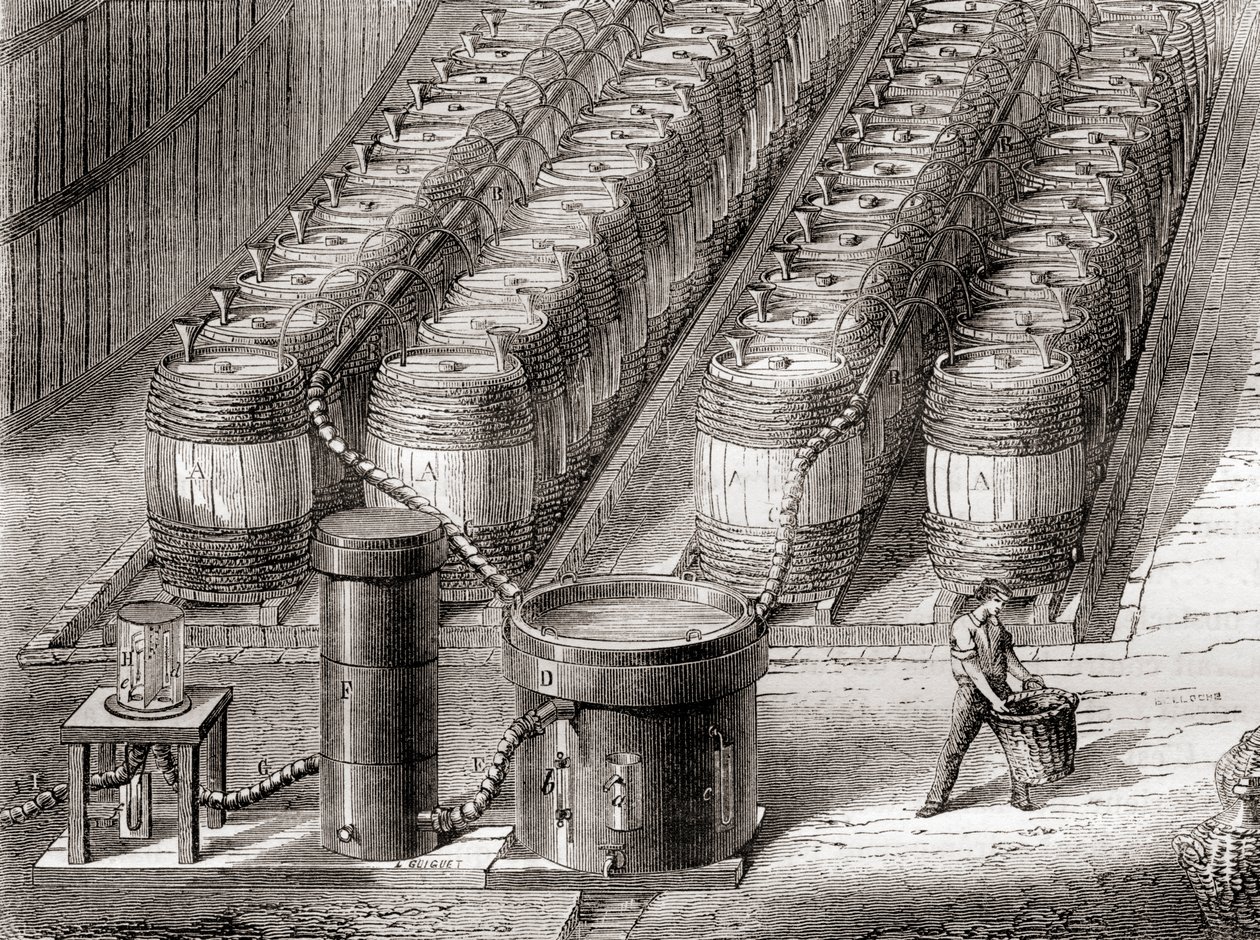 Apparatur, der anvendes til fremstilling af brintgassen, ved indvirkning af svovlsyre på jern, når man fylder en ballon, fra 