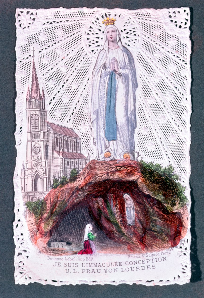 Visionen af Vor Frue af Lourdes, indgraveret af Bouasse-Lebel, ca. 1867 (farvegravering på blondepapir) af French School