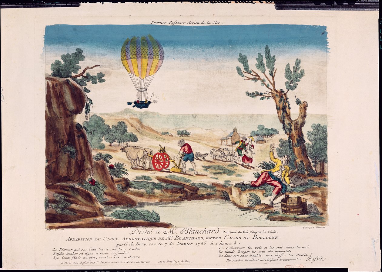 Udseendet af Jean Pierre Blanchards varmluftsballon (1753-1809) mellem Calais og Boulogne, 1785 af French School