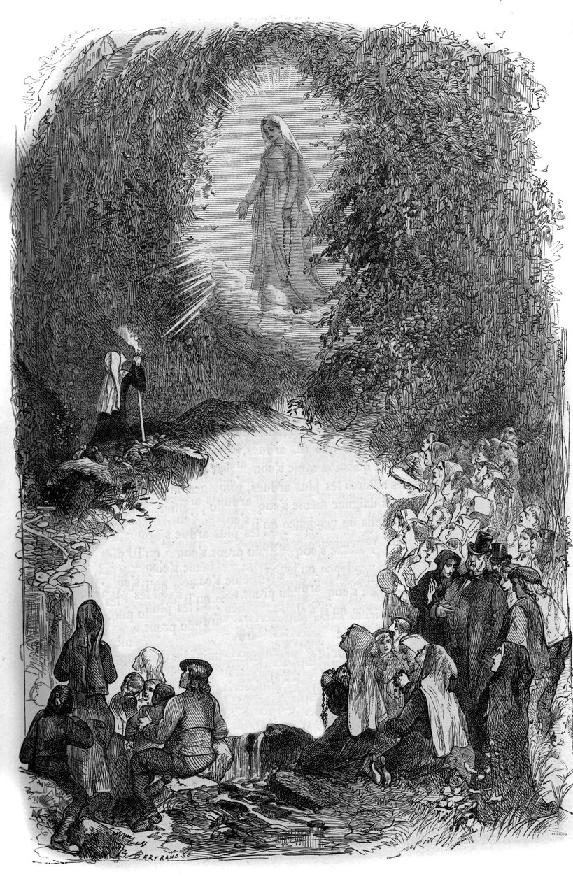 Jomfru Marias tilsynekomst til Bernadette Soubirous (1844-1879) i hulen Lourdes, Hautes Pyrenees (65) af French School