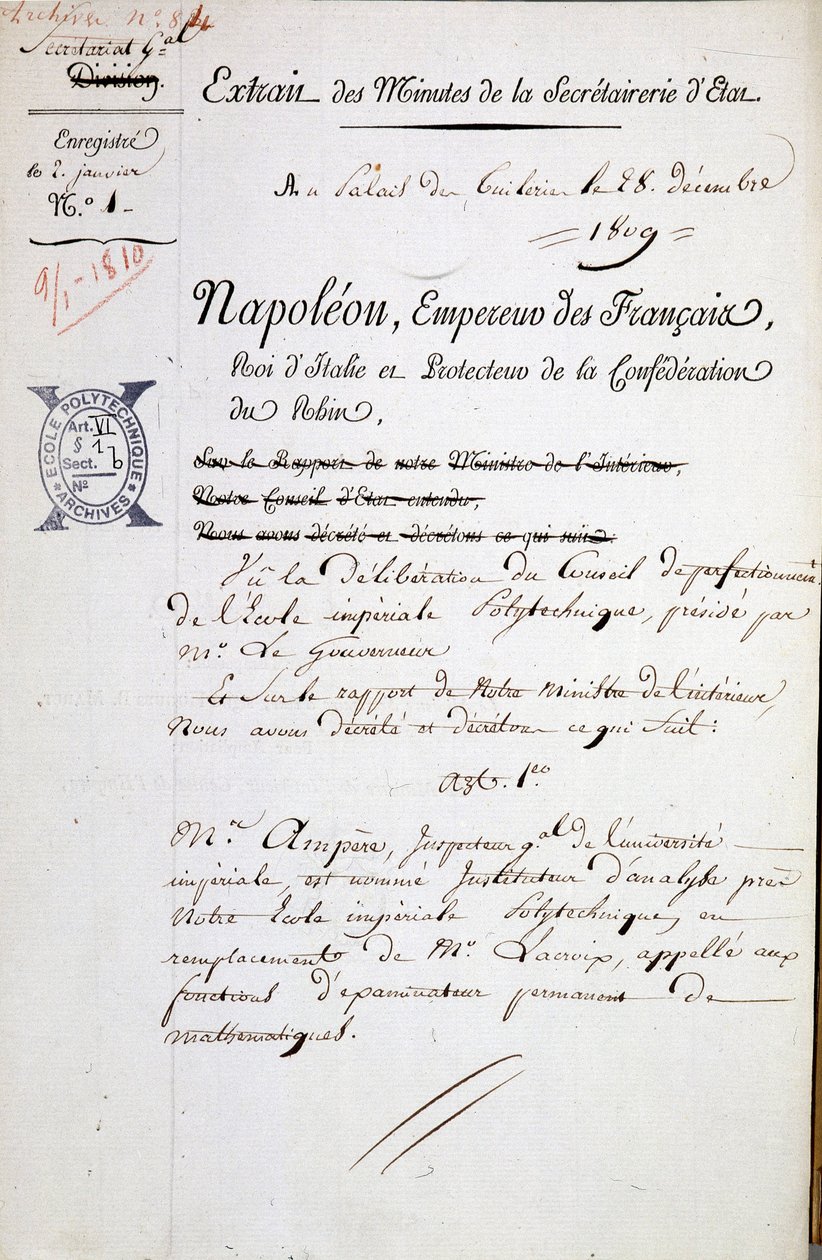 Udnævnelse af Napoleon af André Marie Ampère til inspektør for Polytechnique - Obligatorisk omtale: Biblens arkiv. fra Ecole Polytechnique af French School