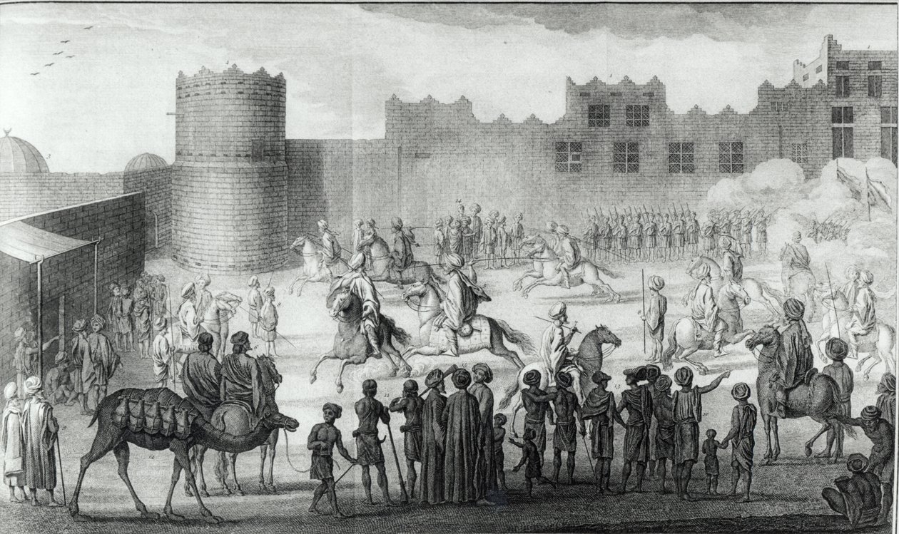 Arabiske krigere, der træner i Yemen, fra Beskrivelse af Arabien sørgede for egne observationer og meninger samlet samme steder af Carsten Niebuhr, udgivet 1774 af French School