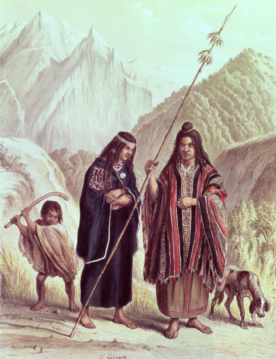 Araukanske indianere, illustration fra "Historia de Chile" af Claudio Gay, graveret af F. Lehnert af French School